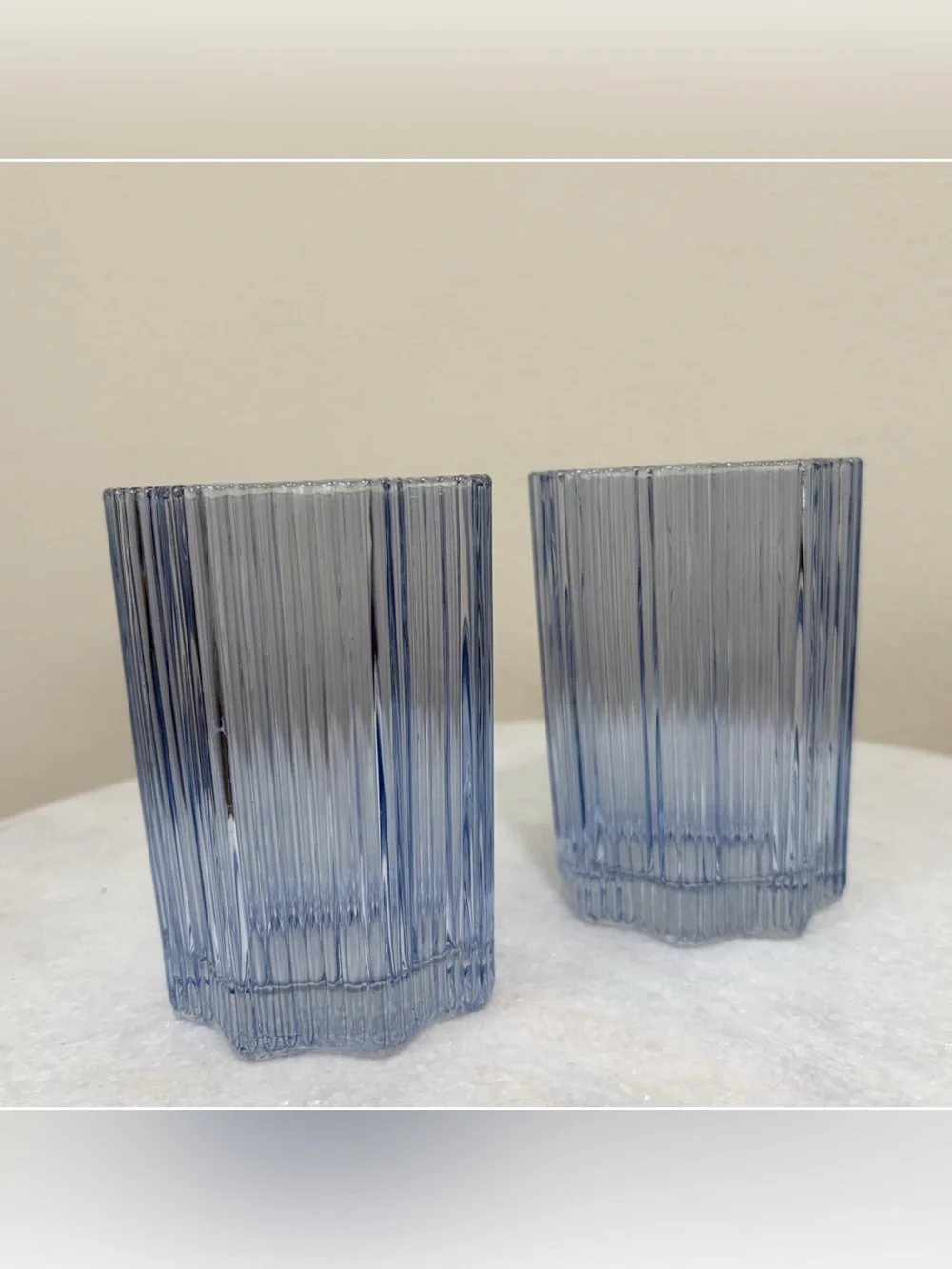 Glass Hause Set of 2 Ribbed Floral Shape Glasses 12 oz Blue